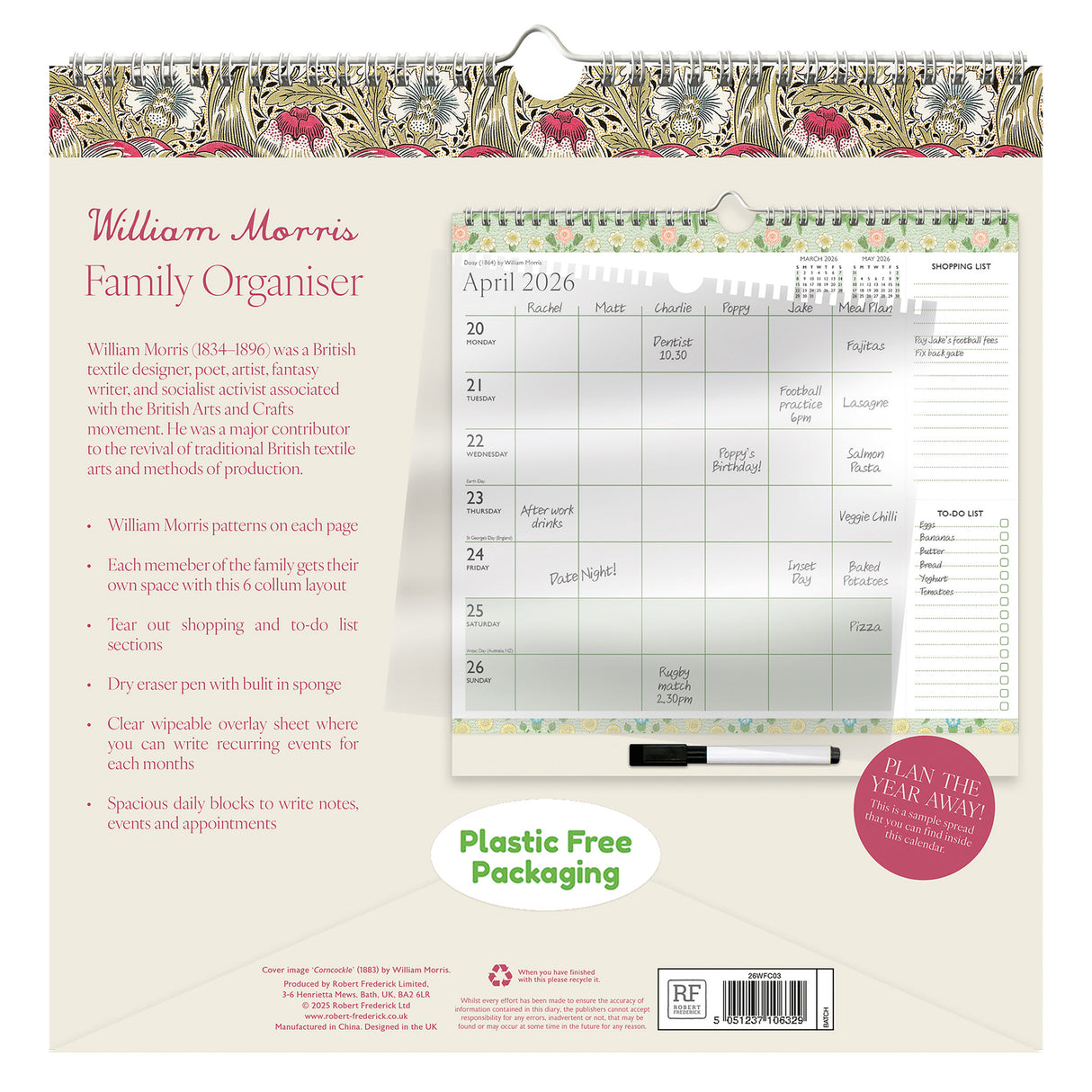 William Morris 2026 Family Calendar – 5 Column Planner
