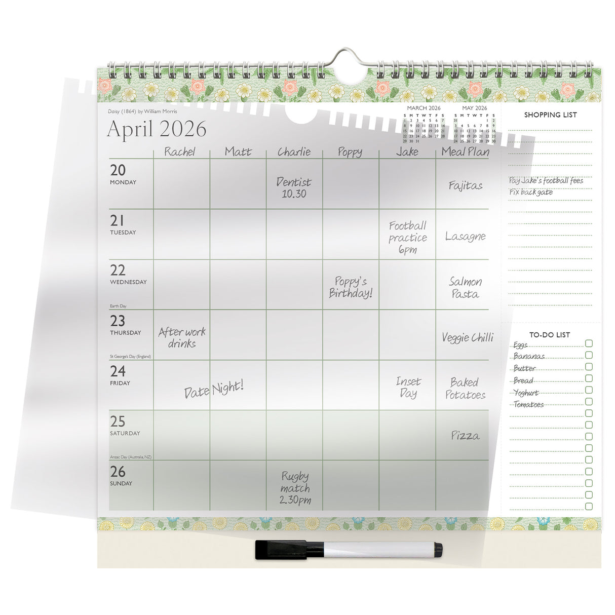 William Morris 2026 Family Calendar – 5 Column Planner