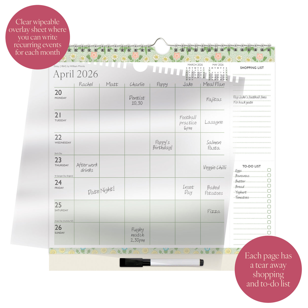 William Morris 2026 Family Calendar – 5 Column Planner