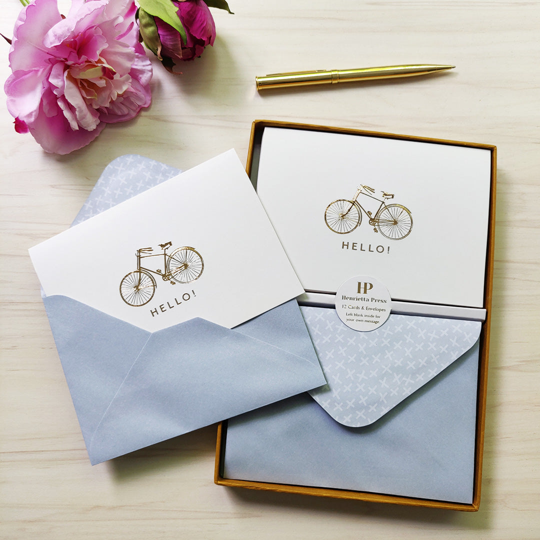 12 Notecards and Envelopes in Gift Box - “Hello” Bicycle Design