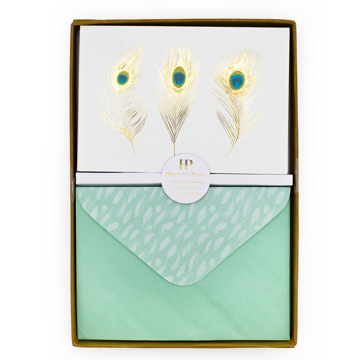 12 Notecards and Envelopes in Gift Box - Peacock Feathers Design