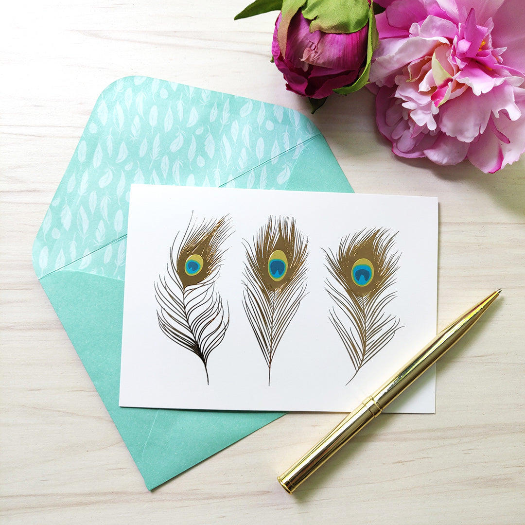 12 Notecards and Envelopes in Gift Box - Peacock Feathers Design