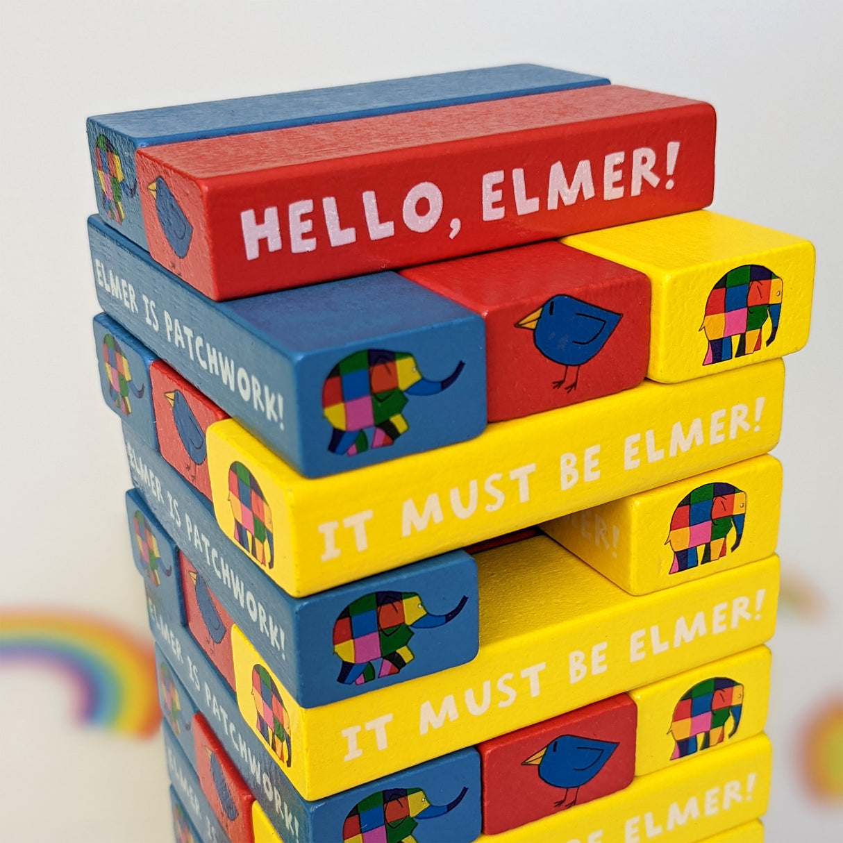 Elmer Tumble Tower Game - Wooden Stacking Set With Dice