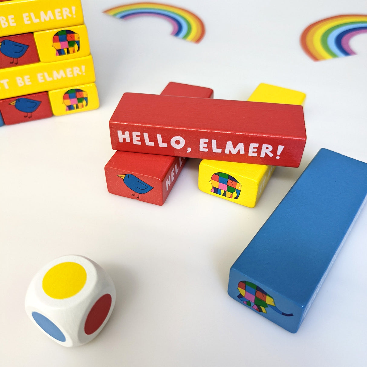 Elmer Tumble Tower Game - Wooden Stacking Set With Dice