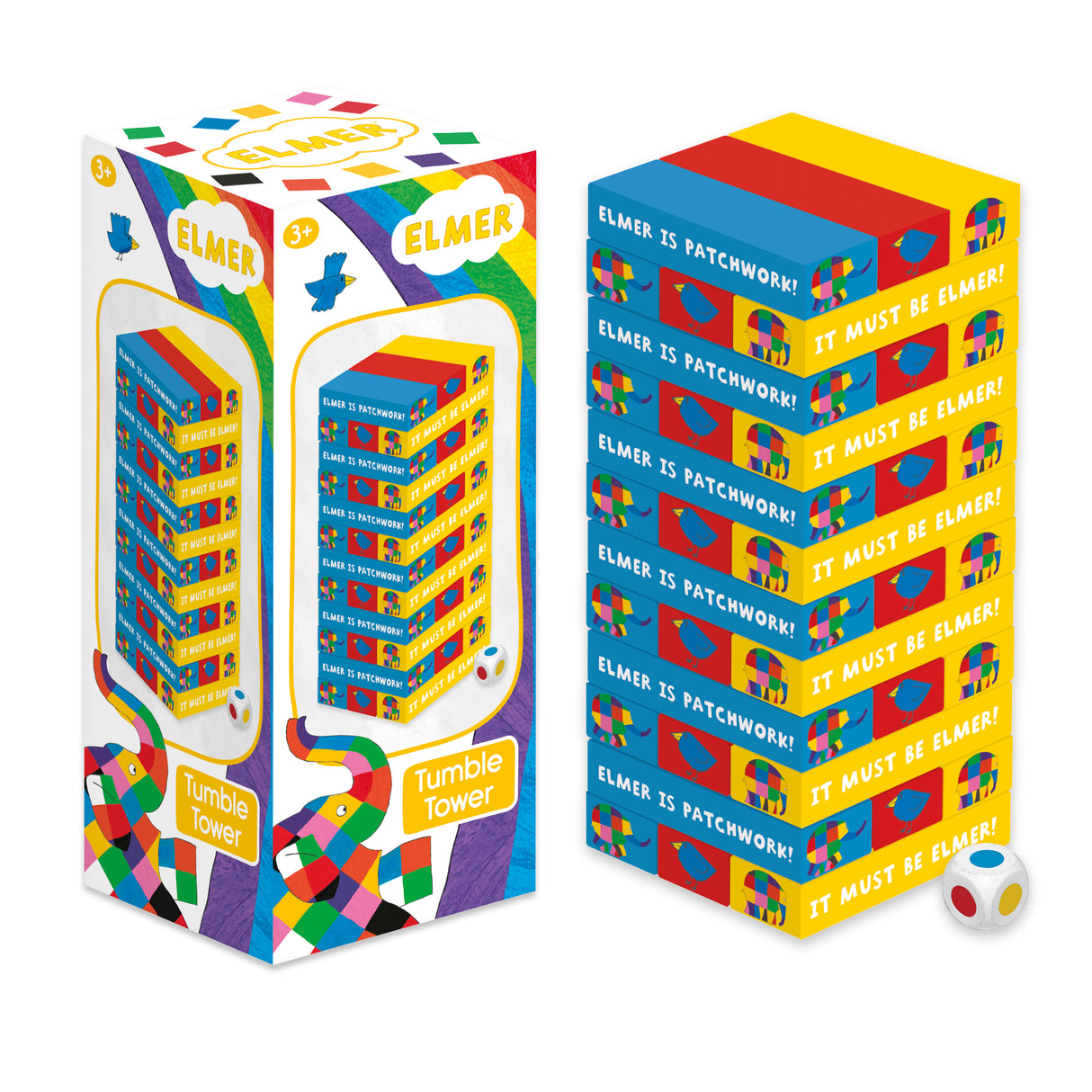 Elmer Tumble Tower Game - Wooden Stacking Set With Dice
