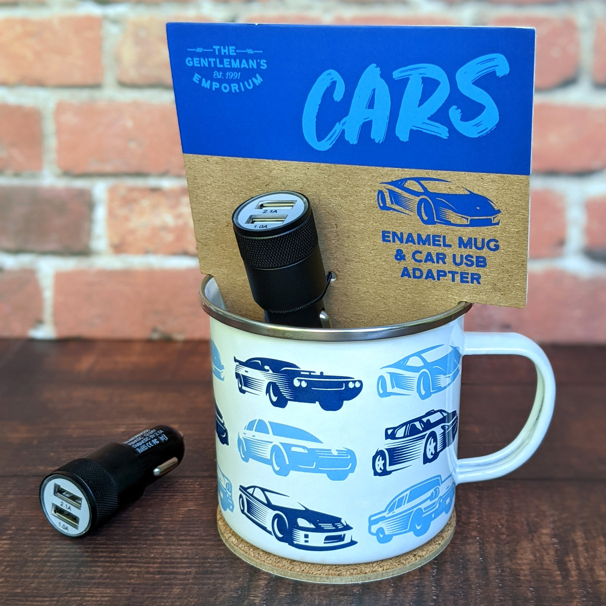 Gentleman’s Emporium Enamel Cars Mug & USB Adapter Set