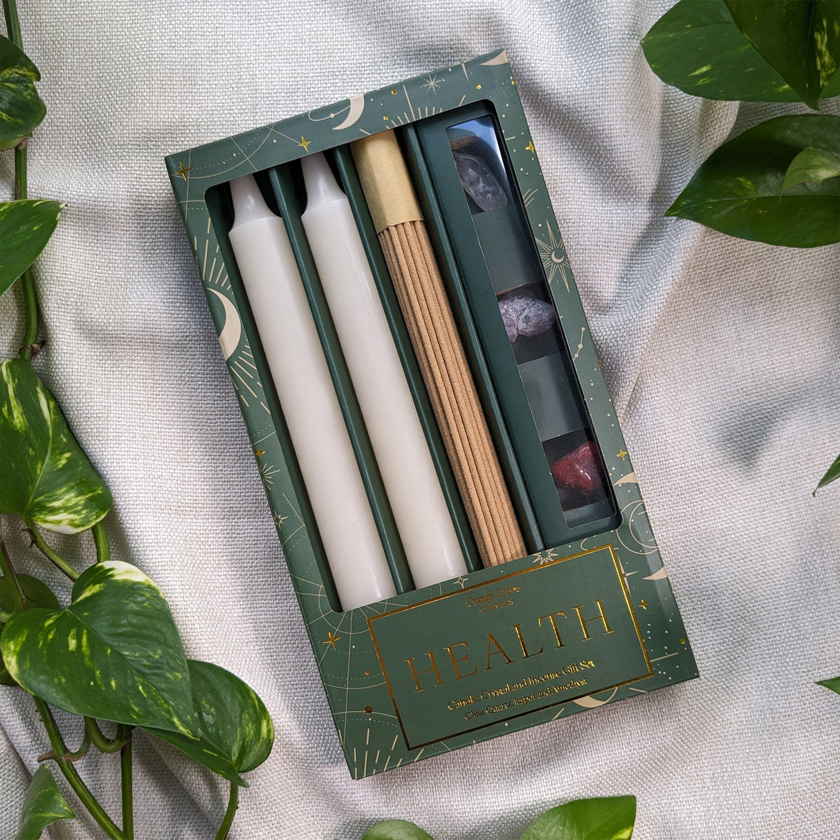 Orange Grove Health Candle, Crystal and Incense Set - Includes Two Candles and Three Crystal Stones