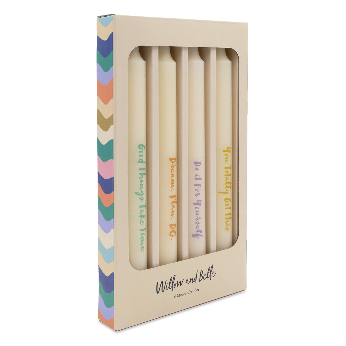 Willow and Belle Quote Design Table Candles In Gift Box Set Of Four