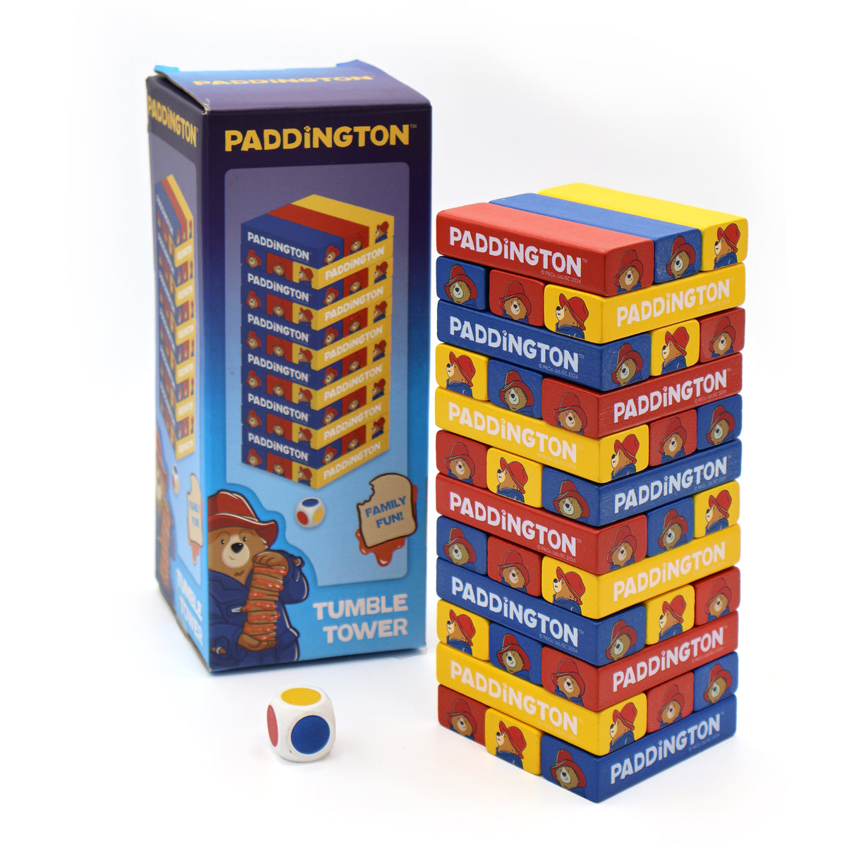 Paddington Tumble Tower Game – Wooden Block Stacking Game with Dice – Fun Family Activity Set