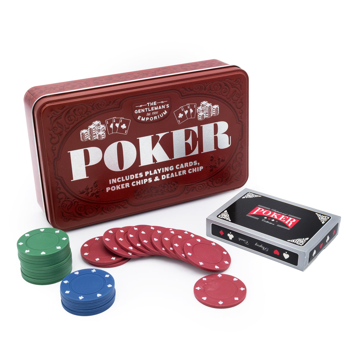 The Gentleman’s Emporium Poker Set – Classic Cards & Chips Gift in Burgundy Tin