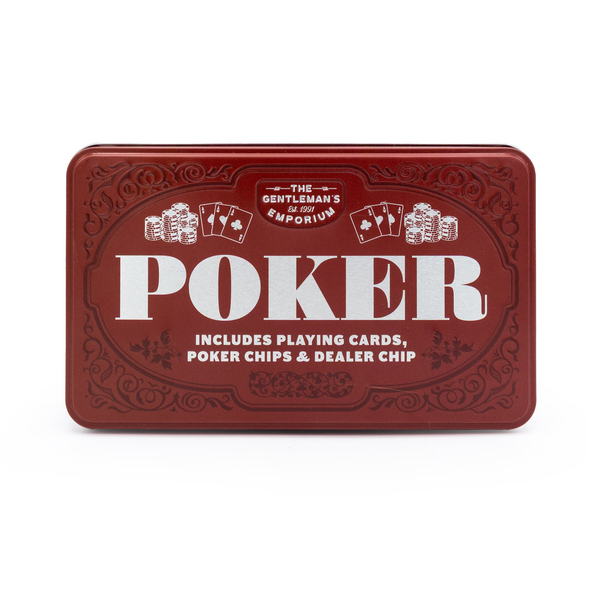 The Gentleman’s Emporium Poker Set – Classic Cards & Chips Gift in Burgundy Tin