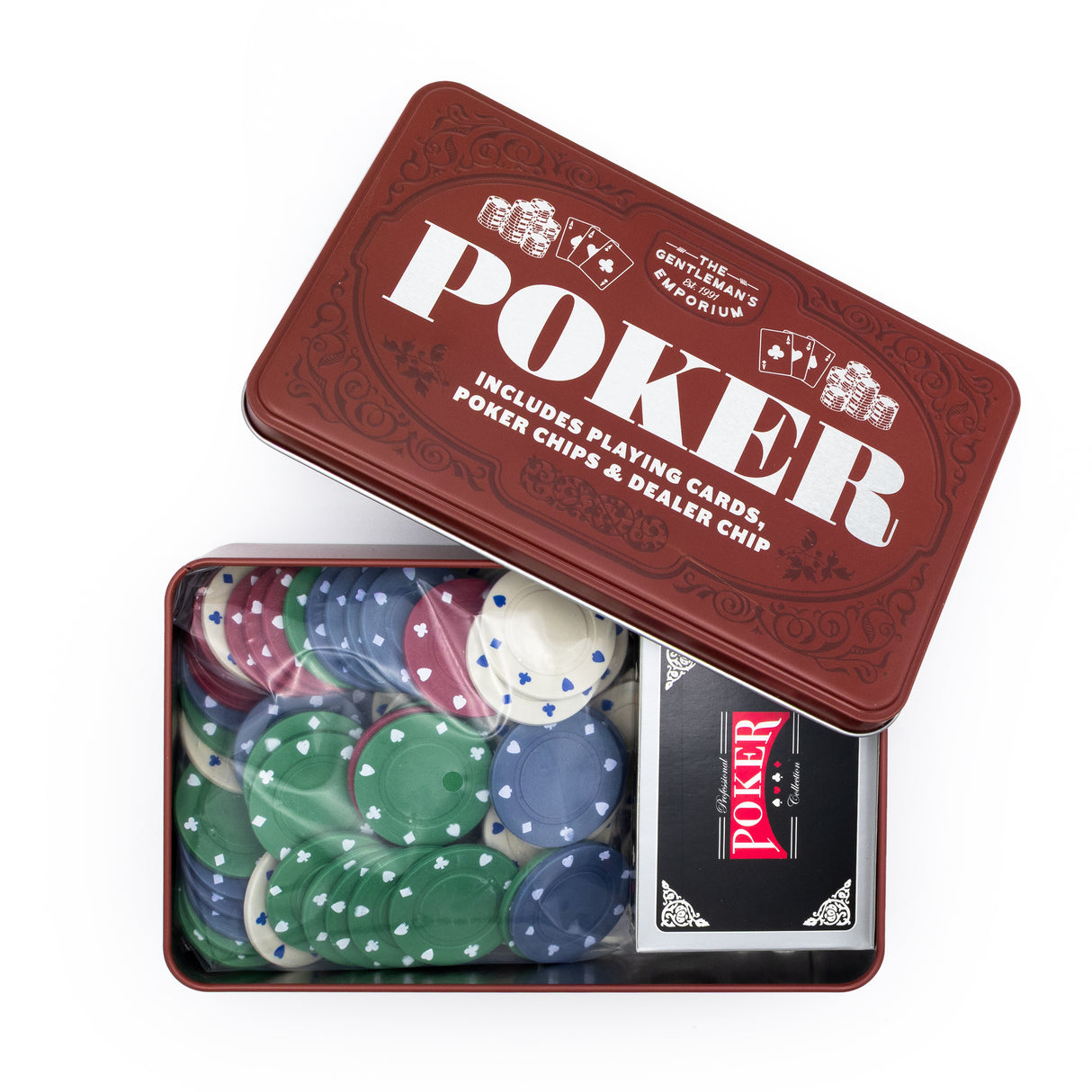 The Gentleman’s Emporium Poker Set – Classic Cards & Chips Gift in Burgundy Tin