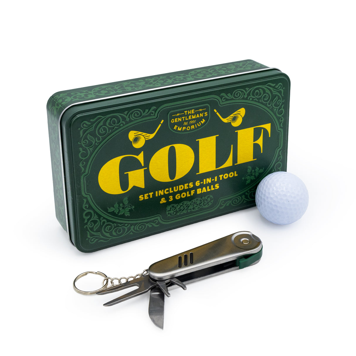The Gentleman’s Emporium Golf Tin Set – 6-in-1 Golf Tool & 3 Balls