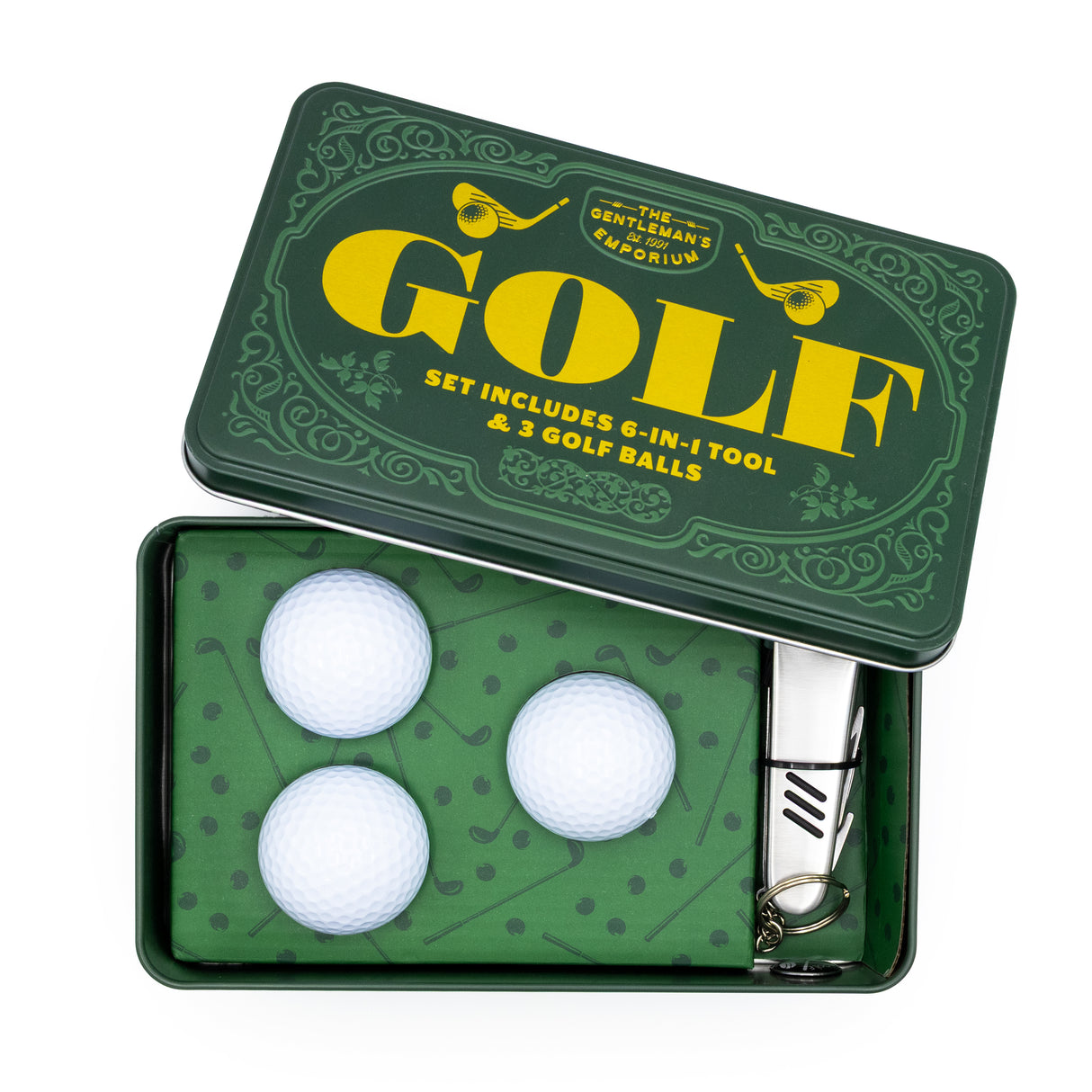 The Gentleman’s Emporium Golf Tin Set – 6-in-1 Golf Tool & 3 Balls