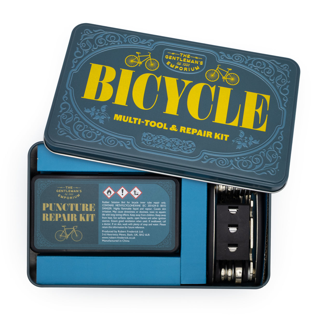 The Gentleman’s Emporium Bicycle Tin Set – Multi-Tool & Puncture Repair Kit