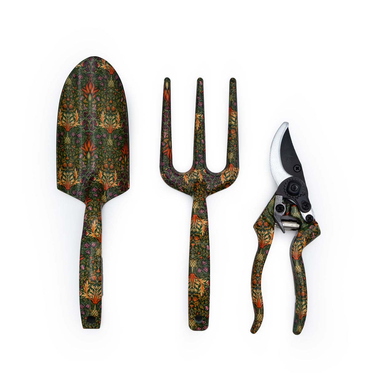 Orange Grove Fork, Trowel and Secateurs Garden Tool Set - William Morris Snakeshead Design