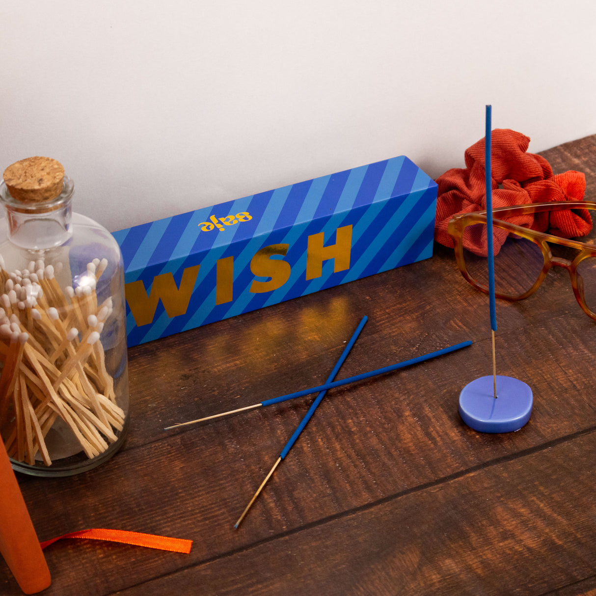 Wish Incense and Ceramic Holder - Lime & Coconut Scent with Blue Ceramic Holder