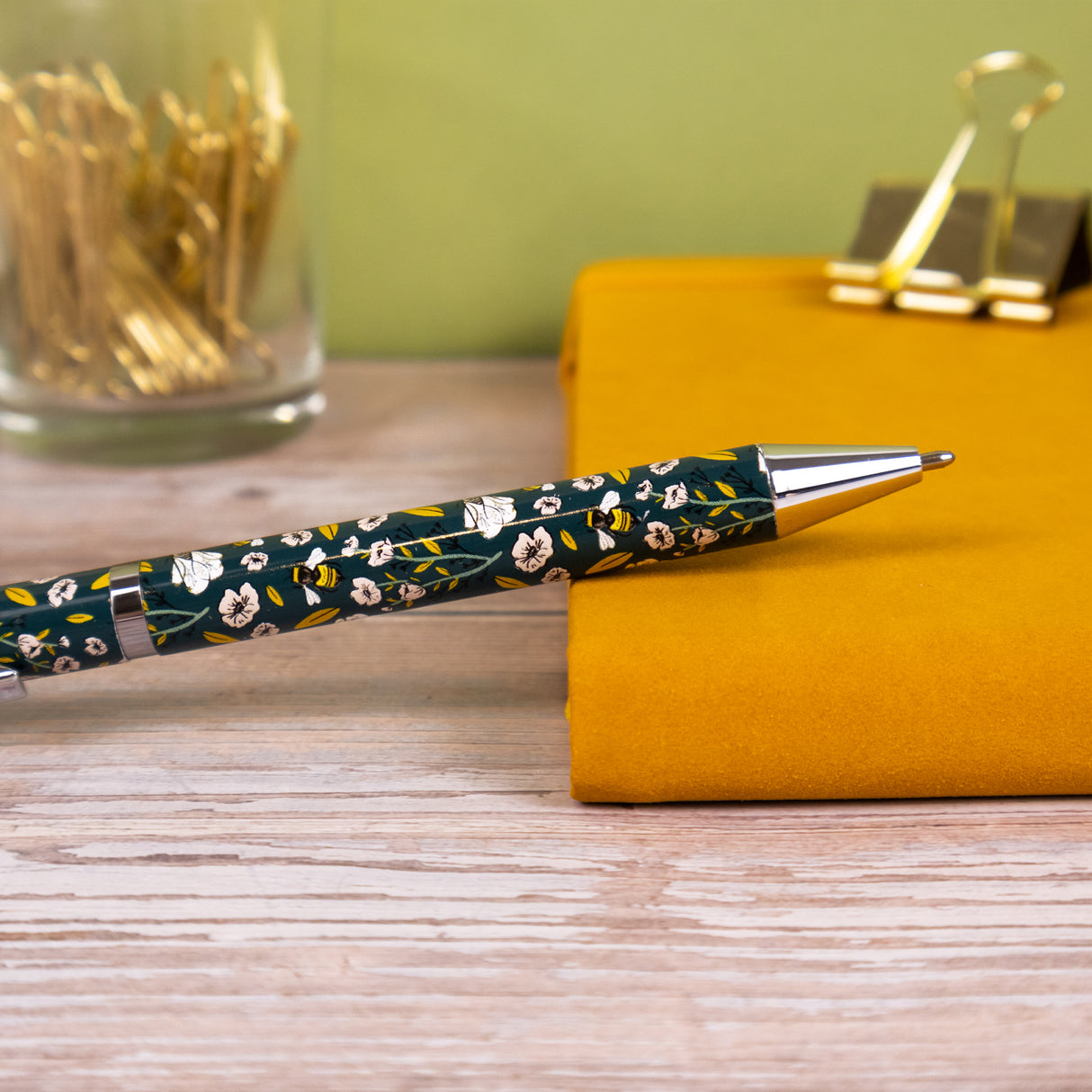 Beekeeper Ballpoint Pen – Black Ink Pen with Floral Bee Design & Gold Trim in Gift Box – Stationery Gift for Gardeners & Bee Lovers