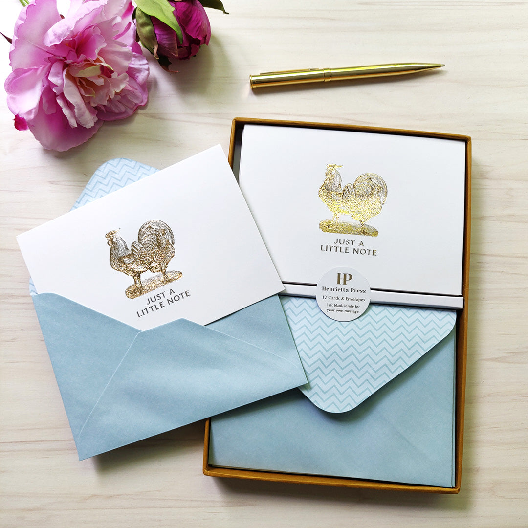 12 Notecards and Envelopes in Gift Box - “Just A Little Note” Chicken Design