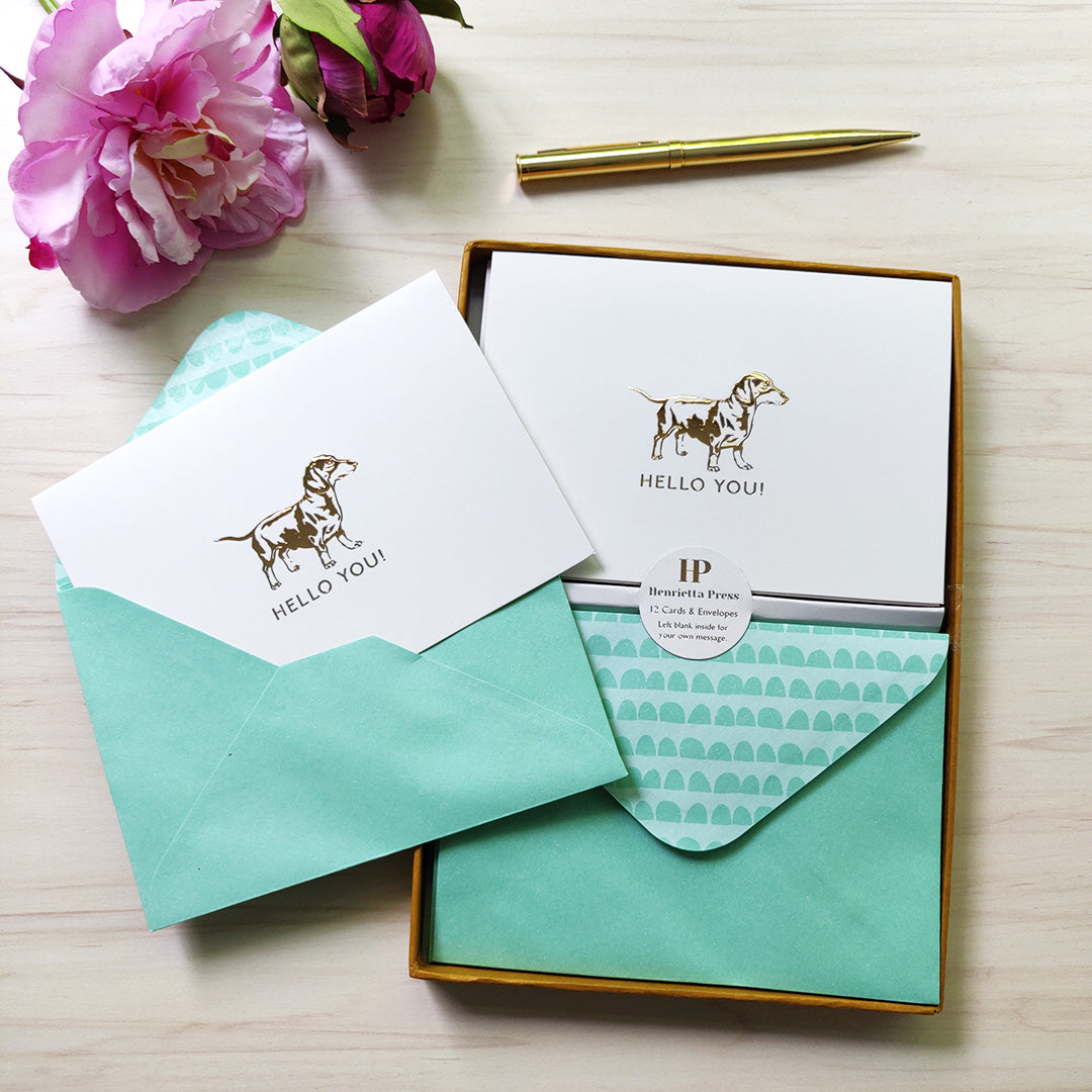 12 Notecards and Envelopes in Gift Box - “Hello You” Dachshund Design