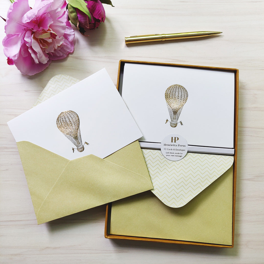 12 Notecards and Envelopes in Gift Box - Hot Air Balloon Design