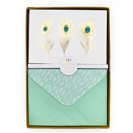 12 Notecards and Envelopes in Gift Box - Peacock Feathers Design