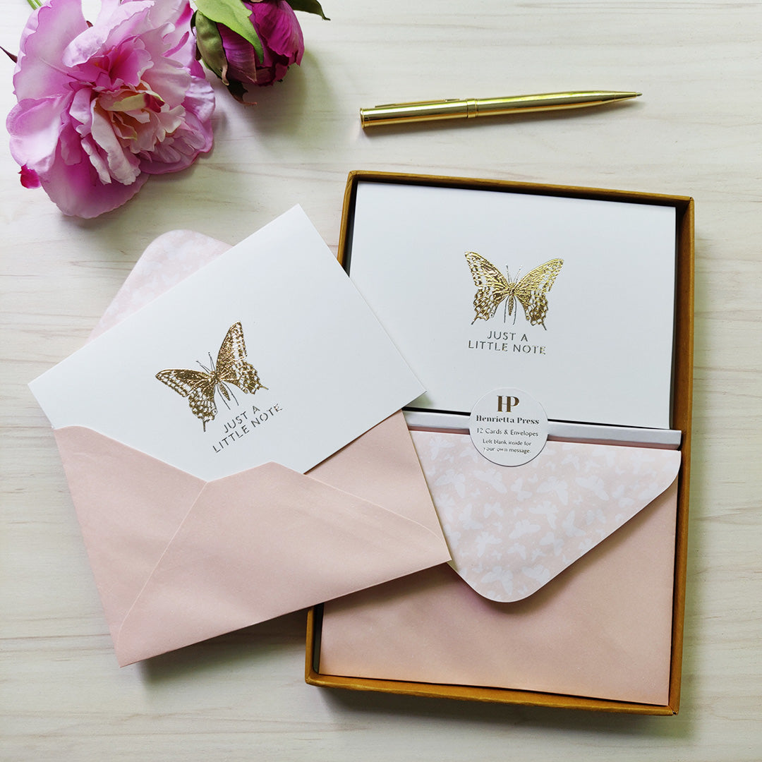12 Notecards and Envelopes in Gift Box - “Just A Little Note” Butterfly Design