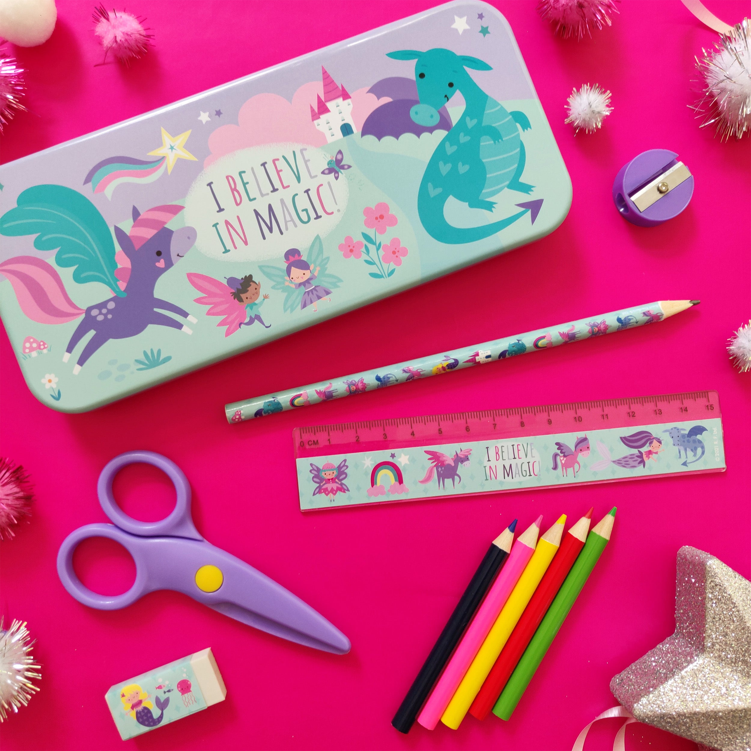 Magical Creatures Children s Stationery Tin Set First School Stationery Set For Ages 3 and Upward