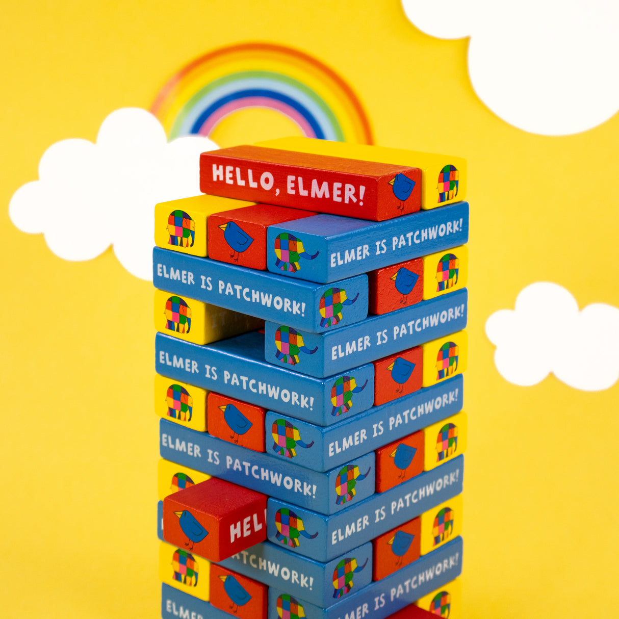 Elmer Tumble Tower Game - Wooden Stacking Set With Dice