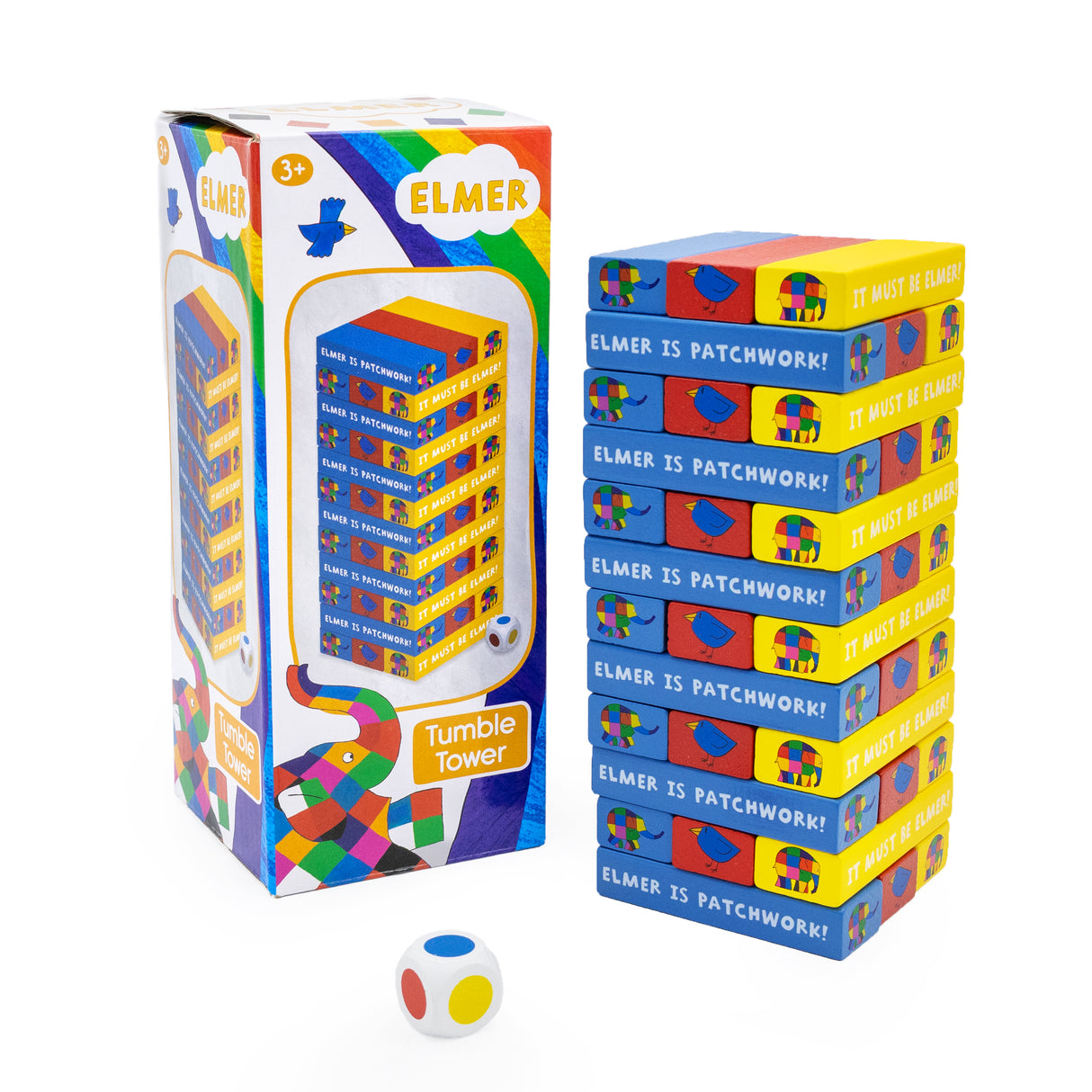 Elmer Tumble Tower Game - Wooden Stacking Set With Dice