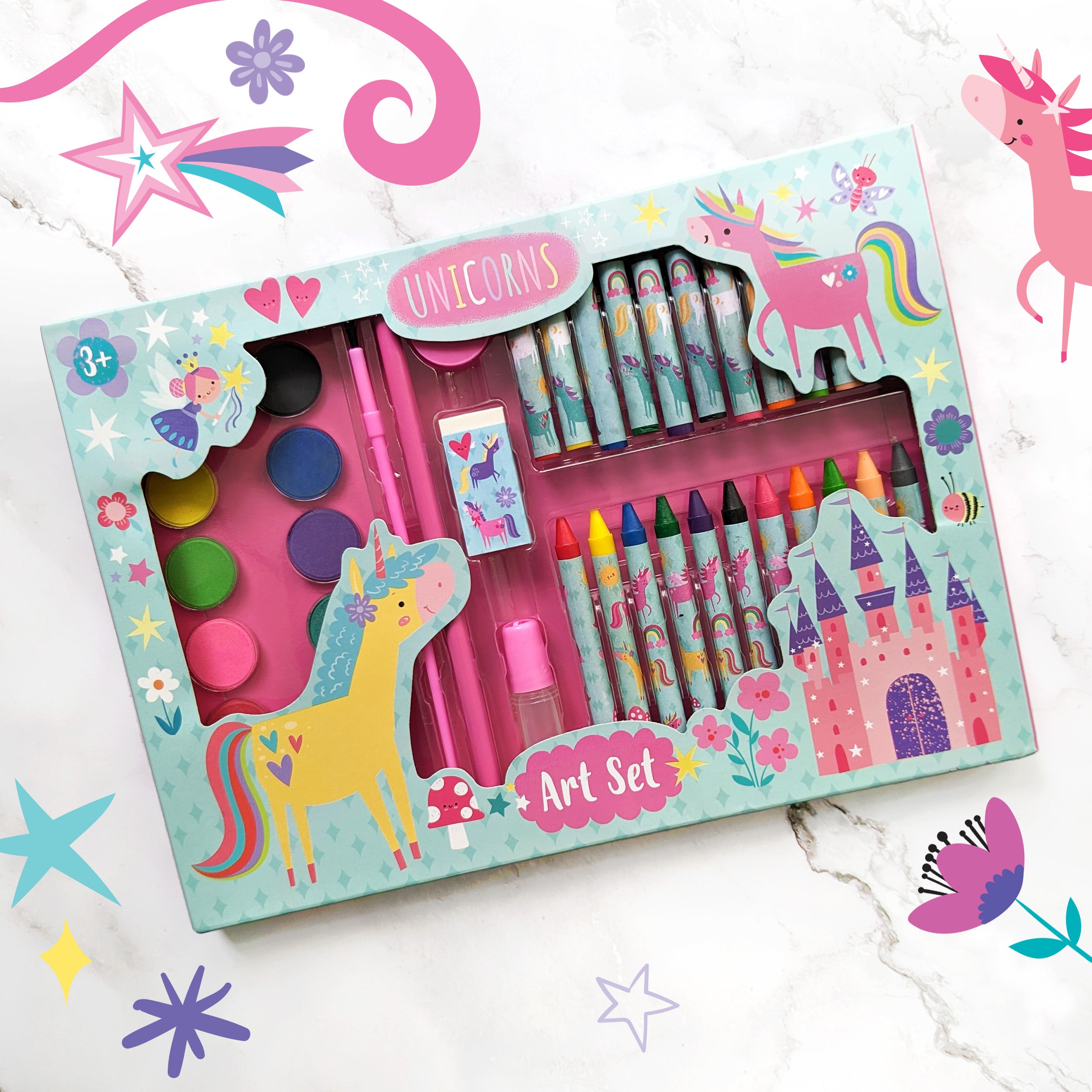 Unicorns Children s 42 Piece Art Set For Ages 3 to 8 Years Includes Paints and Crayons
