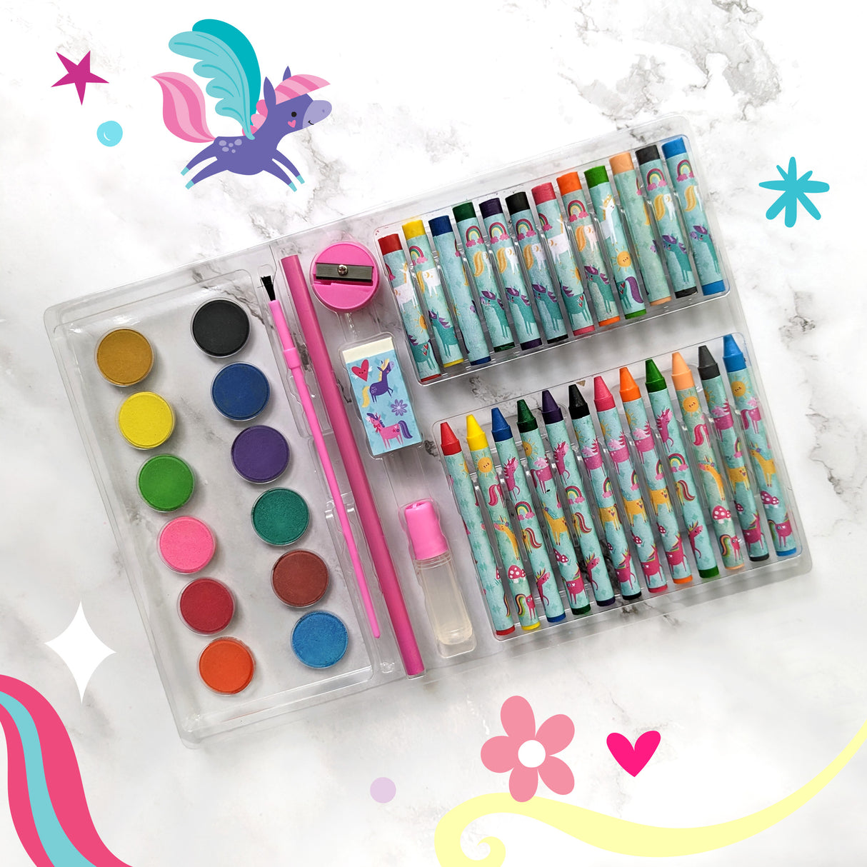 Unicorns Children's 42 Piece Art Set - For Ages 3 to 8 Years - Includes Paints and Crayons