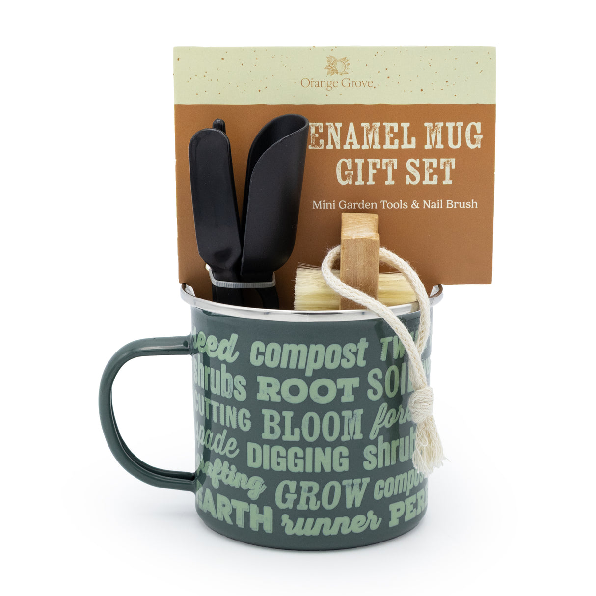Orange Grove Mini Garden Tools and Enamel Mug Gardening Gift Set - Includes Dibber, Shovel, Seedling Extractor and Nail Brush
