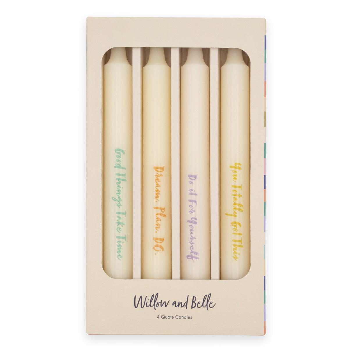 Willow and Belle Quote Design Table Candles In Gift Box Set Of Four