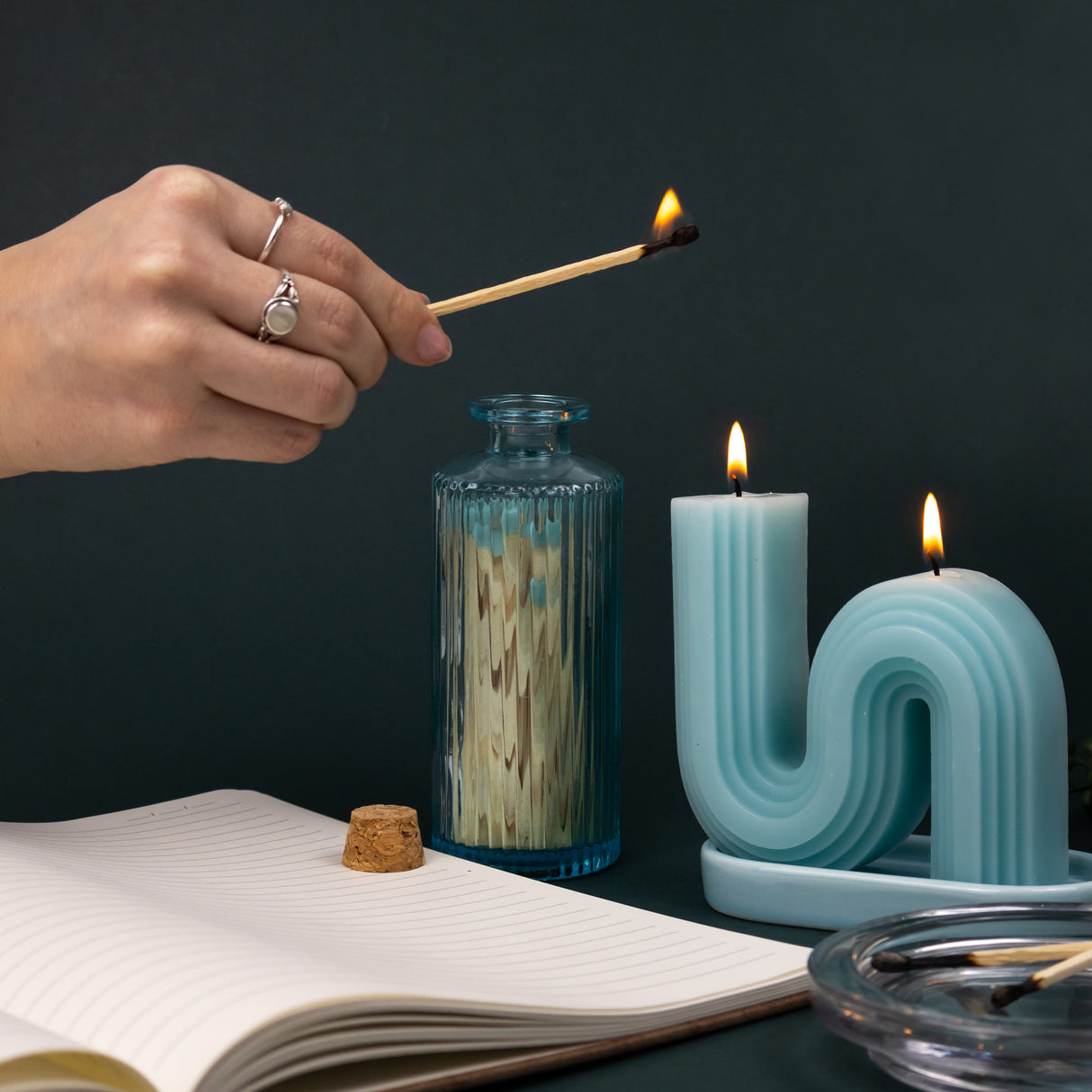 Elysian Wiggle Candle With Enamel Tray & Matches In Glass Jar