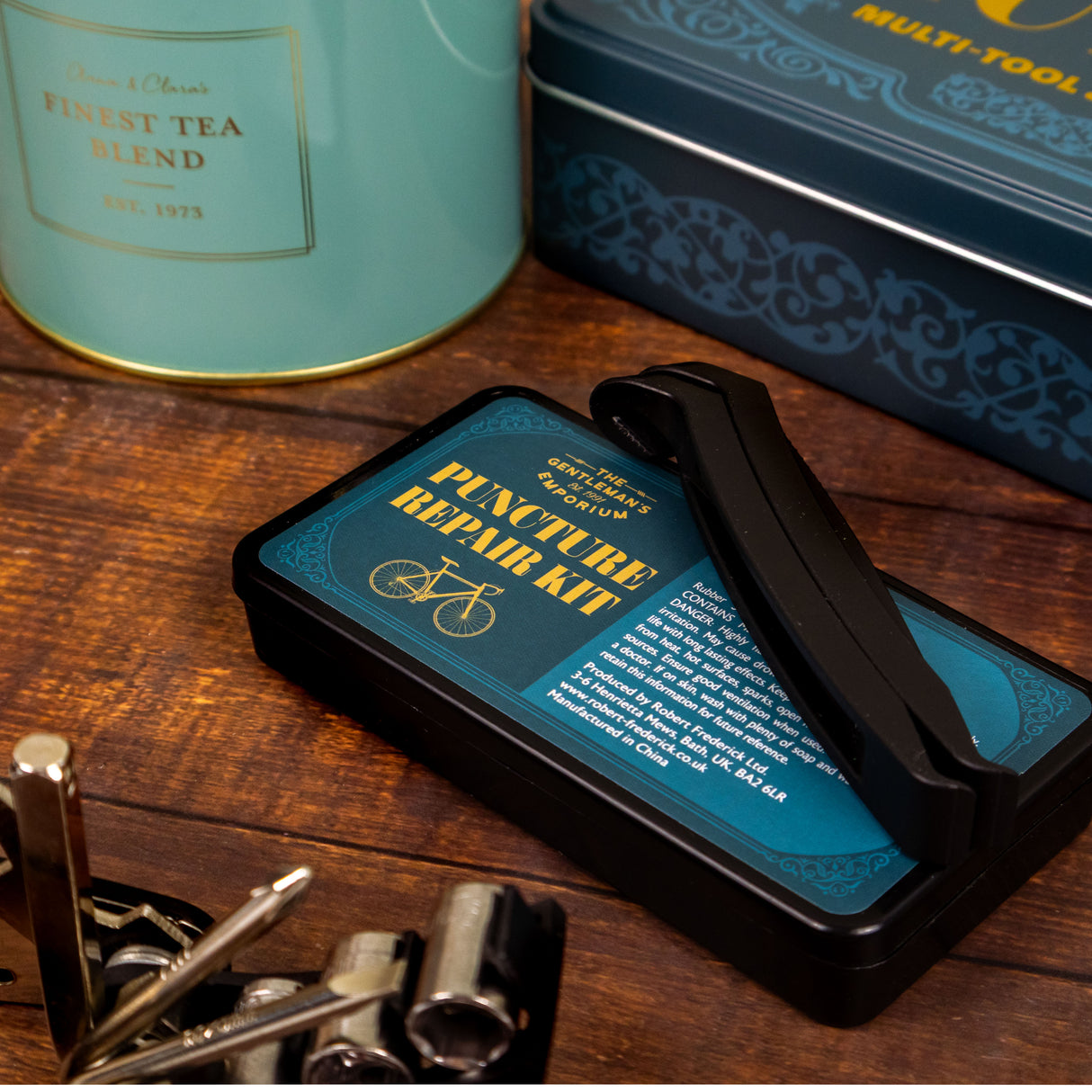 The Gentleman’s Emporium Bicycle Tin Set – Multi-Tool & Puncture Repair Kit